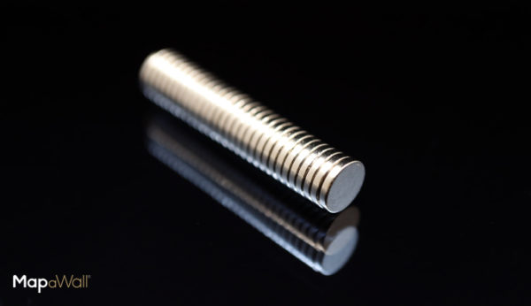 Disc shaped nickel plated neodymium pin-magnets, size D6H1 mm.