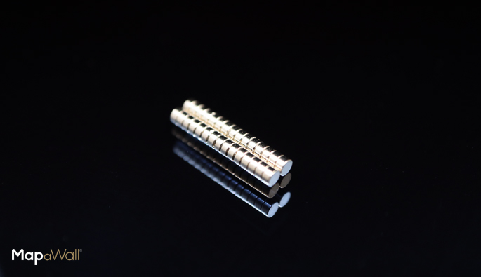 Disc shaped nickel plated neodymium pin-magnets, size D2H1 mm.
