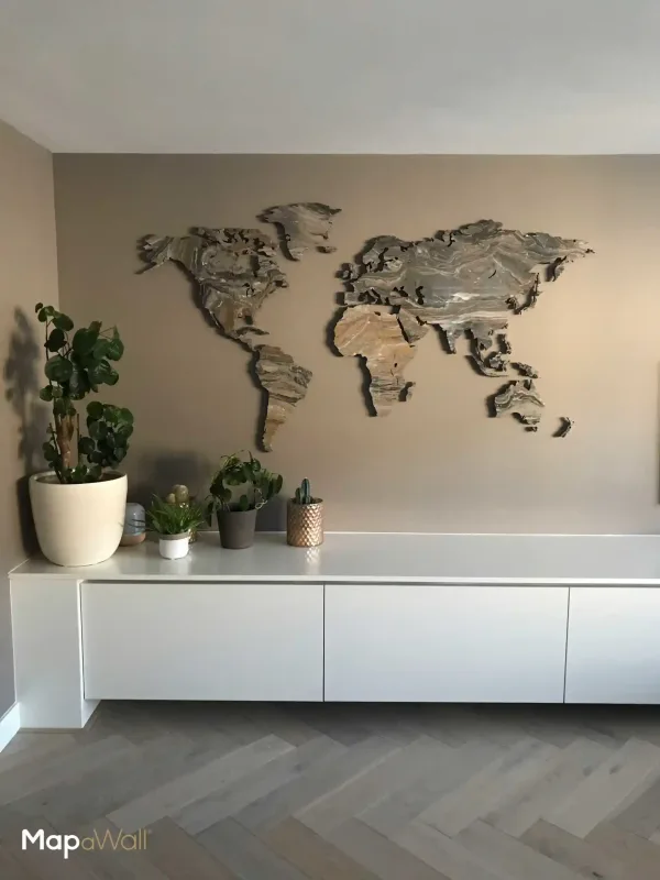 The MapaWall Stone world map made from real Grigio Orobico marble and is cut by water-jet in Italy