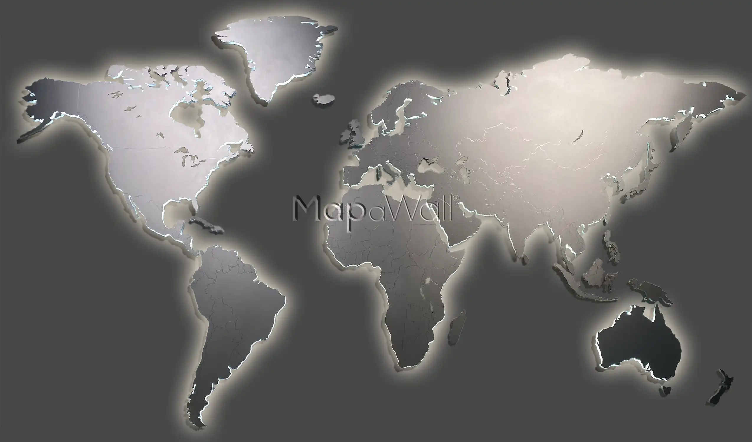 Illuminated stainless steel world map on dark background